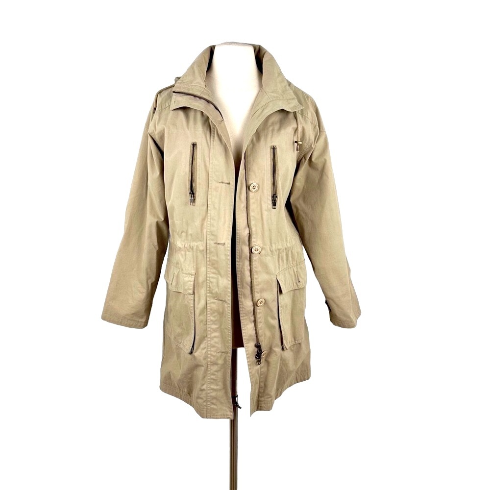 Vintage Driza-Bone Tan Short Trench Coat/Utility Coat w/Detachable Hood Sz 12.